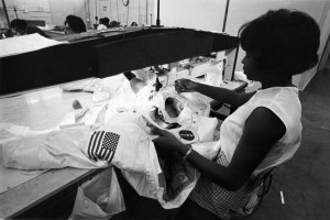 Seamstress Hazel Fellows sewing the thermal micrometeoroid garment of the ILC A7L Apollo spacesuit( [Quartz/Copyright, ILC Dover]
