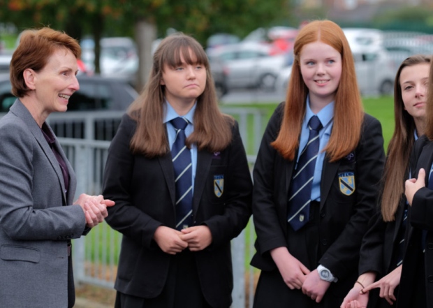 Britain's first astronaut, Helen Sharman, with High Tunstall College of Science students in Hartlepool, UK, launching its STEM initiative. [Copyright: Hartlepool Mail]