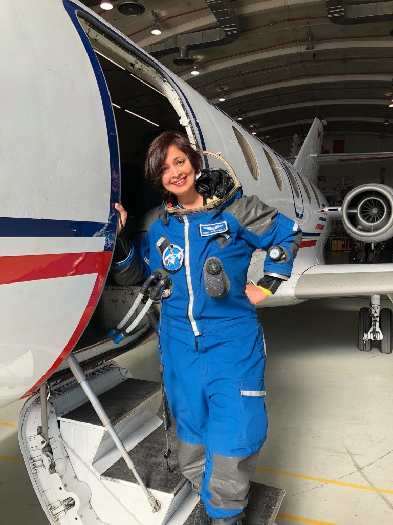Anima suiting up for the microgravity flight to fly on the Falcon 20 aircraft with Project PoSSUM [Anima Patil-Sabale]
