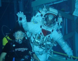 Madhurita with astronaut Ron Garan during a training session to practice a spacewalk in the Neutral Buoyancy Laboratory (NBL)