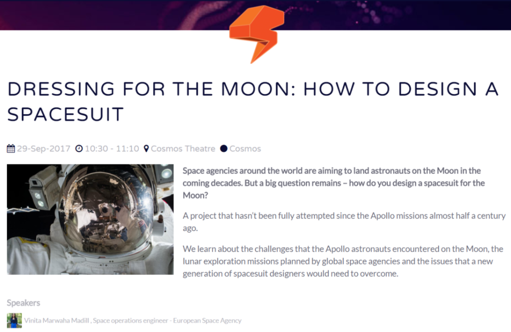 Dressing For The Moon: How To Design A Spacesuit - Vinita Marwaha Madill [Image: New Scientist Live https://live.newscientist.com/talks/dressing-for-the-moon]