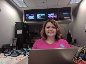 Dorothy Ruiz in her sleeping quarters during Hurricane Harvey, a Ground Control backroom, where satellite time is scheduled in support of ISS operations. [Copyright: Dorothy Ruiz. Source: https://twitter.com/DorothyRuiz/status/903259274004099072]