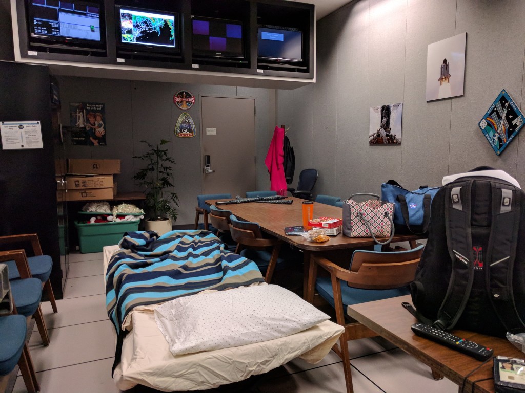 Dorothy Ruiz's sleeping quarters at Mission Control during Hurricane Harvey, a Ground Control backroom where satellite time is usually scheduled [Copyright: Dorothy Ruiz. Source: https://twitter.com/DorothyRuiz/status/903259274004099072]