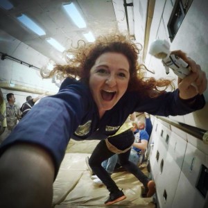 Niamh on a zero-g flight in Russia with the Stargazing Lottie Doll