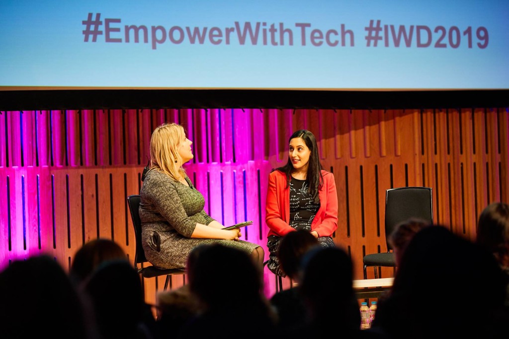 Rocket Women Founder Vinita Marwaha Madill on-stage talking with Natasha Sayce-Zelem, Founder of Empowering Women with Tech, on International Women's Day [David Lindsay/Empowering Women with Tech]