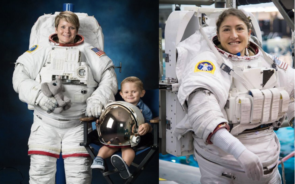 L - NASA Astronaut Anne McClain with her son posing for her official NASA EVA portrait  R - NASA Astronaut Christina Koch during EVA/Spacewalk training at NASA [NASA]