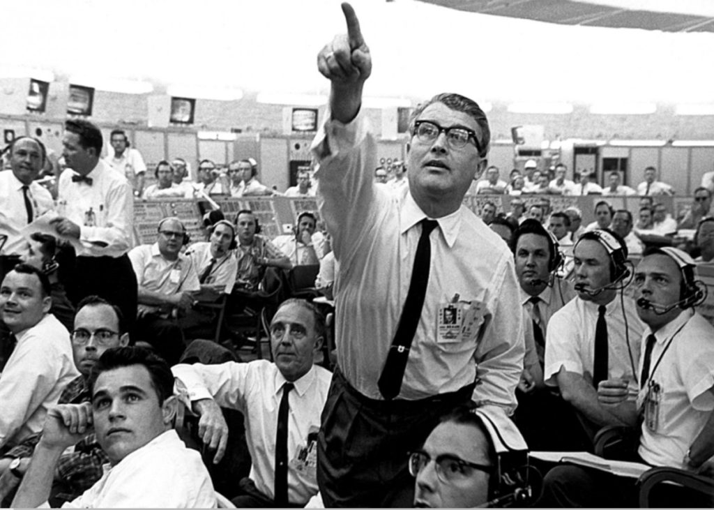 A packed LC-34 Blockhouse, which included Dr. Wernher von Braun and Dr. Kurt Debus. Credit: NASA