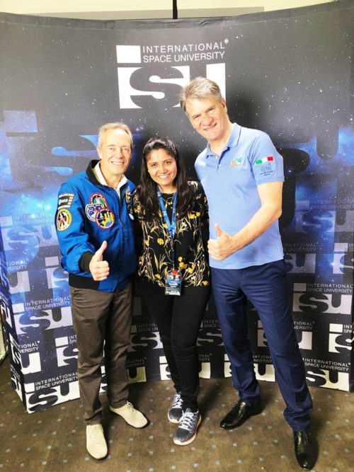 Rushanka with European Space Agency (ESA) Astronauts Paolo Nespoli and Jean-Francois Clervoy at  the ISU SSP International Astronaut Panel 