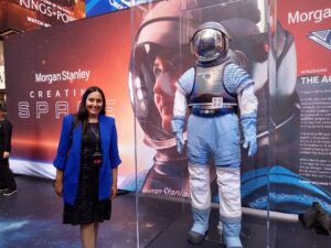 Rocket Women Founder Vinita with the Access I concept spacesuit at the Morgan Stanley Creating Space event in Times Square, New York City in October 2022 (Image: Vinita Marwaha Madill)