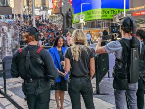 Rocket Women Founder Vinita interviewed by CNN's Courageous Studios at the Morgan Stanley Creating Space event in Times Square, New York City in October 2022. (Image: Vinita Marwaha Madill)
