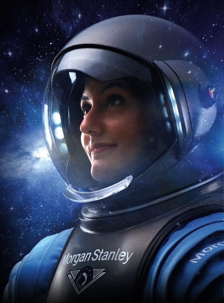 Rocket Women Founder, Vinita Marwaha Madill, wearing The Access I concept spacesuit, an inclusive design created by Vinita and spacesuit experts.