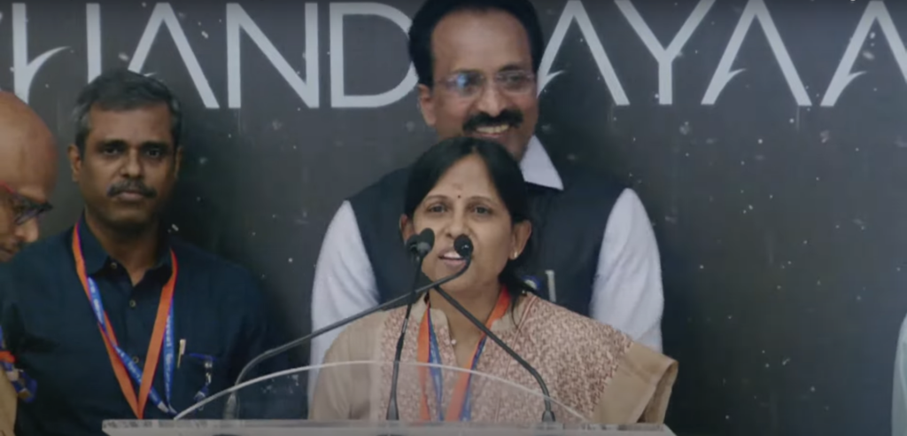 Kalpana K, Chandrayaan-3 Associate Project Director addresses the ISRO team in the mission control room, alongside millions of viewers globally through the mission livestream after a successful lunar landing