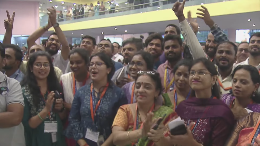 Members of the Chandrayaan-3 ISRO team celebrating the successful soft landing of the spacecraft